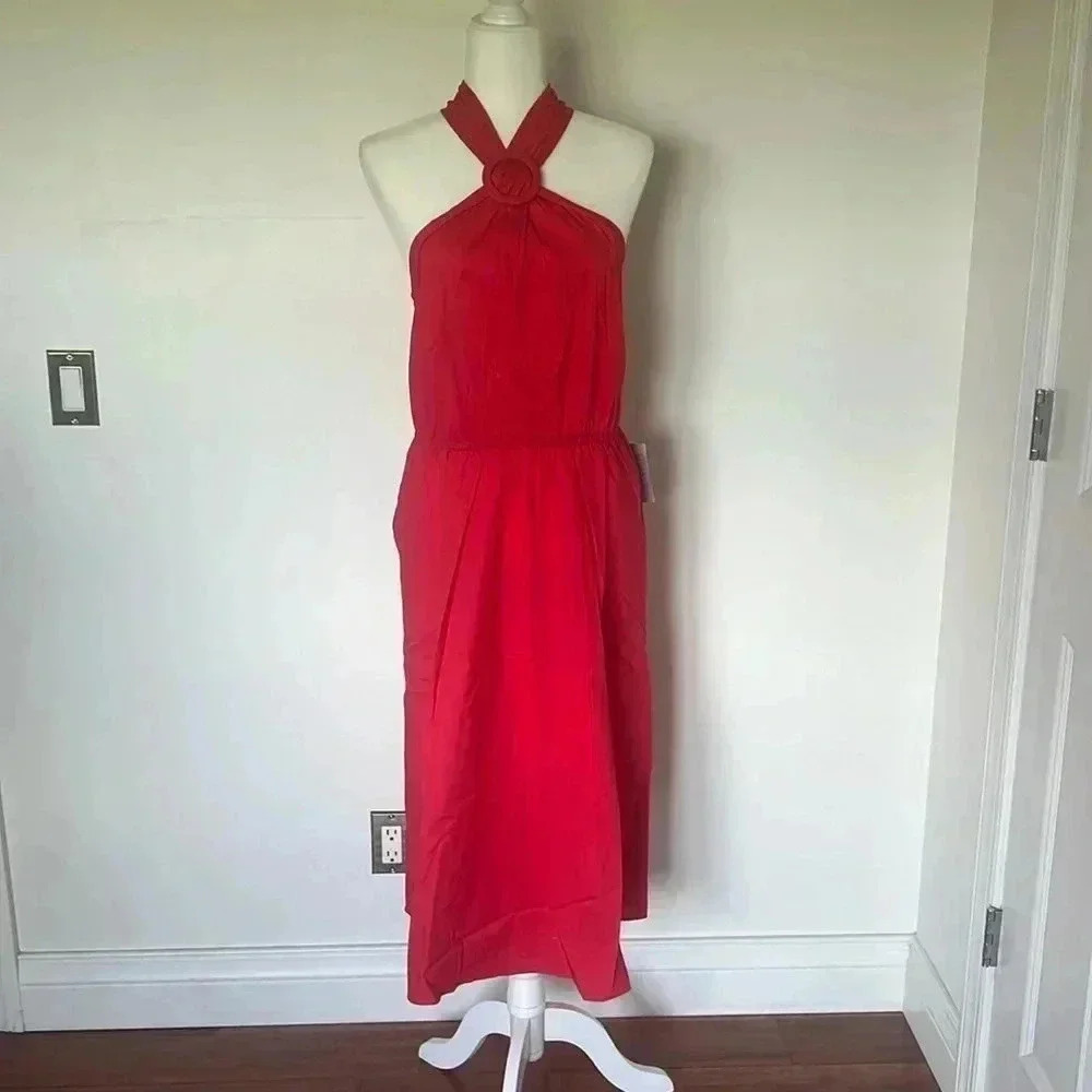 NWT Maggy London Halter Neck O-Ring Poplin Midi Dress-Tomato Puree Size 14 - Picture 2 of 9